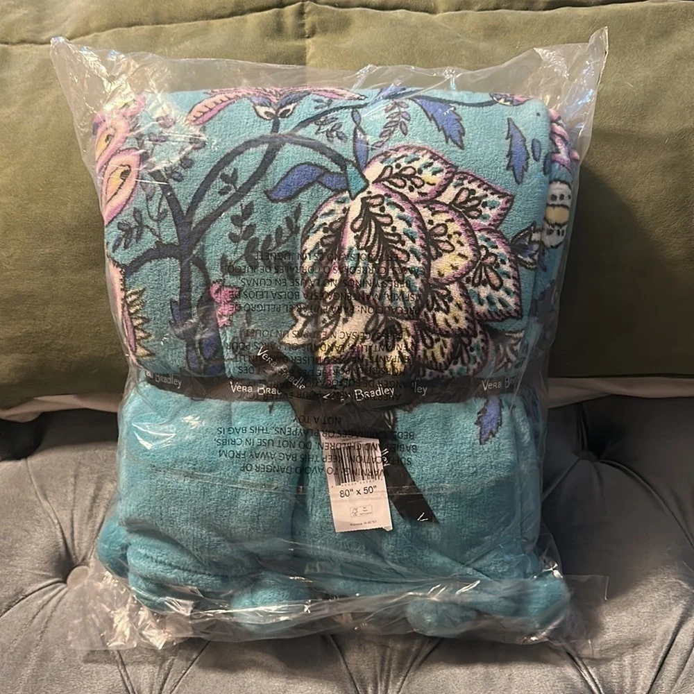 Vera Bradley Peacock Garden Whimsy Pom Throw Blanket 80